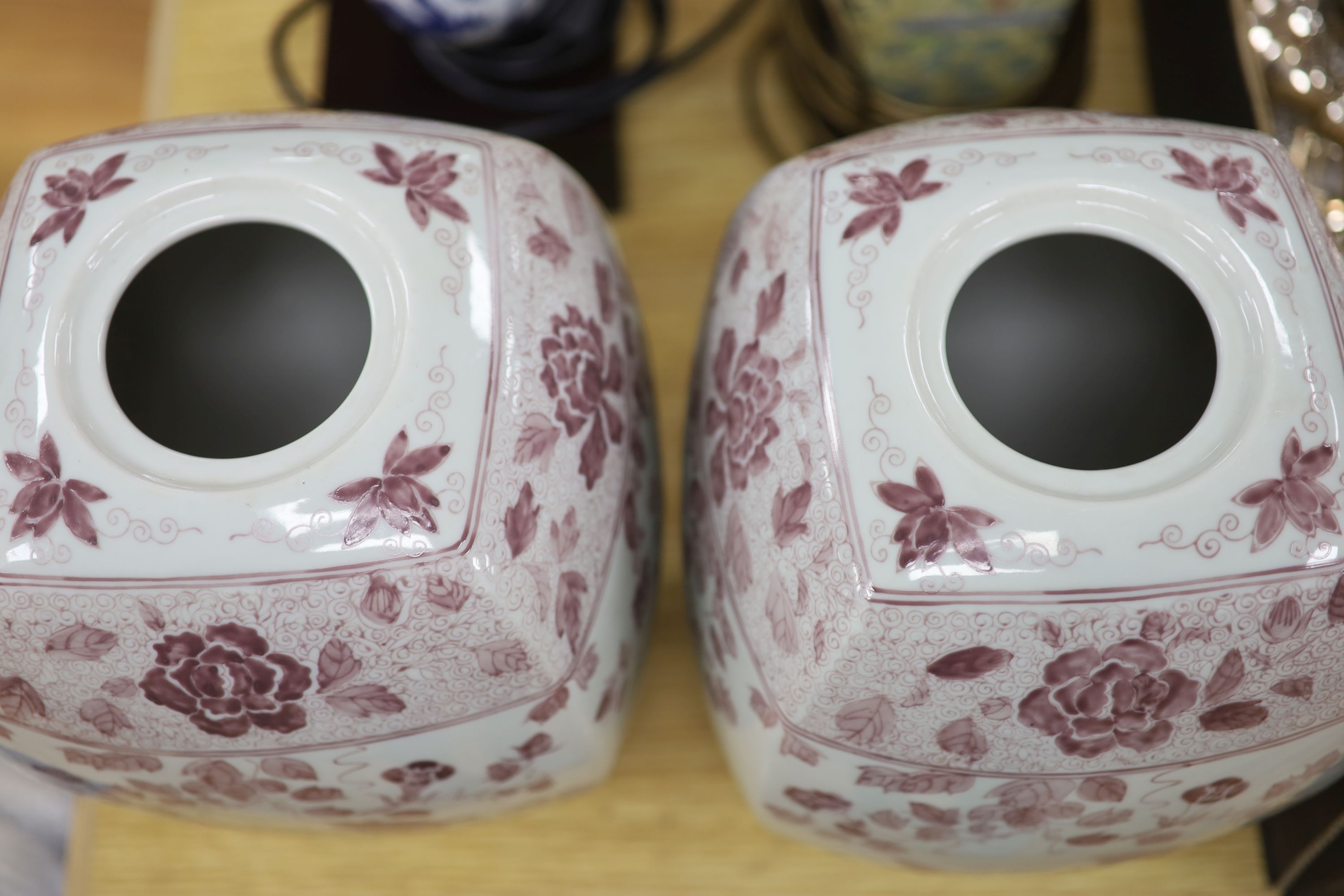 Two Chinese porcelain lamps and a pair of vases, tallest 58cm